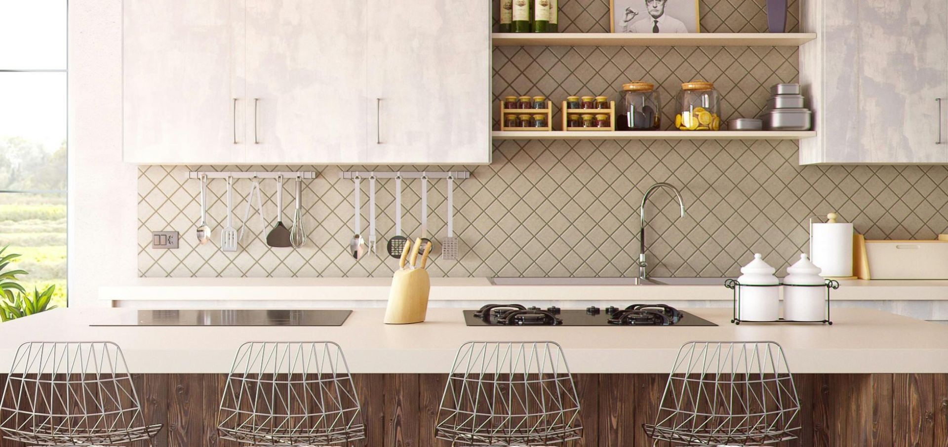 Chic minimalist kitchen design featuring wooden accents and modern bar stools.